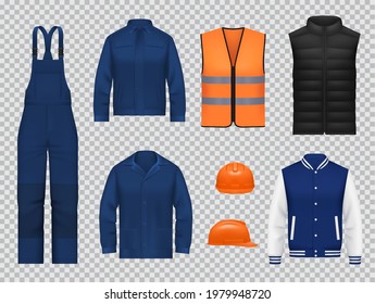 Construction workers clothing, uniform mockups. Realistic vector blue overalls pants, heated black and safety reflective vest, jacket, hard hat helmet. Engineer, mechanic or builder apparel, work wear