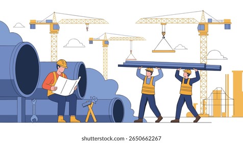 Trabalhadores da construção civil que colaboram num grande projeto de construção com maquinaria e tubos pesados