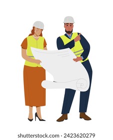 Construction workers concept. Man and woman in protective uniform with blueprint. Builders and engineers. Template and layout. Cartoon flat vector illustration isolated on white background