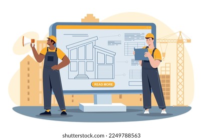 Construction workers concept. Men in helmets on background of drawing. Construction of houses and skyscrapers, urban architecture and exterior. Engineering team. Cartoon flat vector illustration