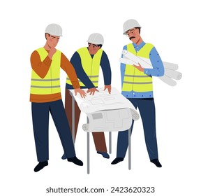 Construction workers concept. Men in protective uniform with blueprints. Builders and engineers. Social media sticker. Cartoon flat vector illustration isolated on white background