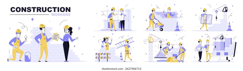 Construction workers concept set in flat web design. Collection with people in helmets and uniforms building, architect make project blueprint. Flat vector illustration isolated on white background.