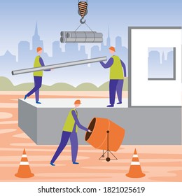 Construction workers, a concrete mixer for mixing cement, a building and a crane with pipes. Flat vector stock illustration with workers in uniform and hard hats as a concept of construction