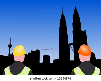 construction workers and crane with Kuala Lumpur skyline