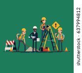 Construction workers crew. Cool vector character design on construction or maintenance process. Digging worker, engineer with blueprints, worker with signpost and female worker on ladder