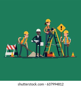 Construction Workers Crew. Cool Vector Character Design On Construction Or Maintenance Process. Digging Worker, Engineer With Blueprints, Worker With Signpost And Female Worker On Ladder