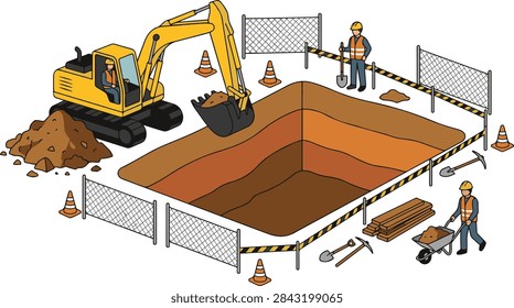 Construction workers digging foundation pit with excavator and safety fence barrier