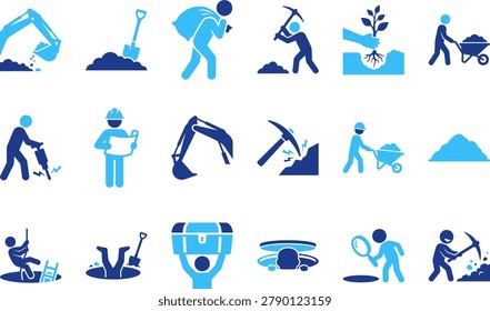 Construction workers, digging, mining, tools, equipment, building, earth moving, manual labor.