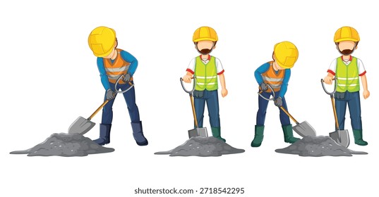Trabalhadores da construção civil cavando e de pé com pás