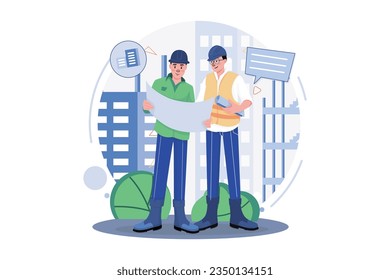 Construction Workers Discussing On Building Plan