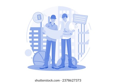 Construction Workers Discussing On Building Plan