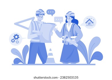 Construction Workers Discussing On Building Plan