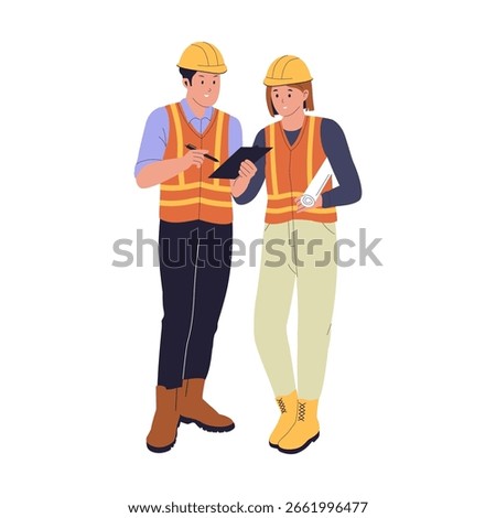 Construction Workers Discussing Plans Illustration. Teamwork on Building Site. Illustrations for websites, landing pages, mobile apps, posters and banners