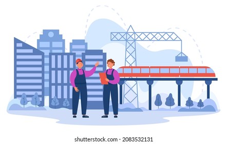 Trabajadores de la construcción discutiendo el mantenimiento del ferrocarril. Constructores que diseñan edificios de ilustración vectorial plana. Ingeniería civil, gestión de la construcción, concepto de industria de la infraestructura para banners