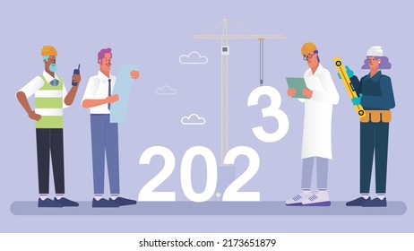 construction workers and egineers with crane and cloudy sky assembling numbers 2023, new year for a real estate business. Vector illustration