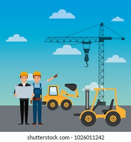 construction workers engineer foreman truck forklift excavator crane
