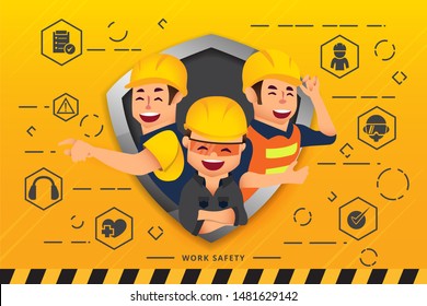 Construction workers and engineers team working together and network of concepts : Work Safety 