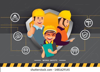 Construction workers and engineers team working together and network of concepts : Work Safety 