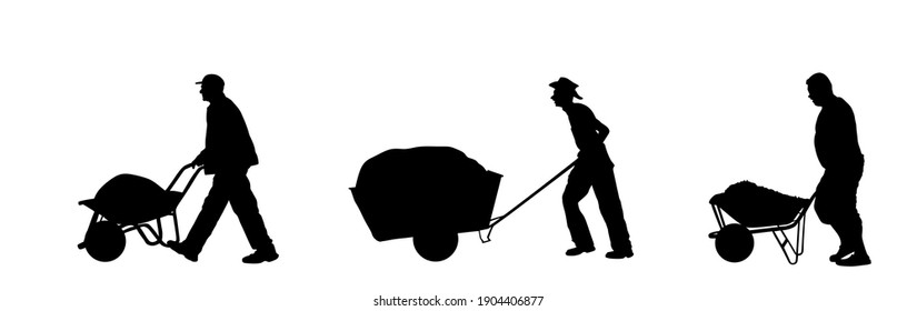 Construction workers with full wheelbarrow vector silhouette illustration. Man carrying loader with sand. Transportation carrying on cart. Worker with building material on site. Farmer pushing cart.