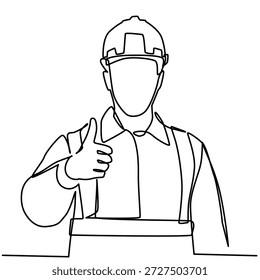 Trabalhadores da construção civil dão polegares para cima um desenho de linha. Trabalhadores da construção civil dão polegares para cima ilustração de linha única. Trabalhadores da construção civil dão polegares acima da linha de arte minimalista