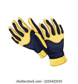 Construction workers gloves vector illustration. Cartoon isolated protective fabric gloves with rubber and yellow leather to protect fingers and hand, industrial workwear and protection equipment