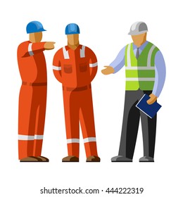 Construction workers group discussion with manager. Vector isolated illustration