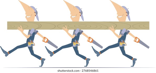 Construction workers with hacksaws and wood board.
Group cheerful construction workers	walking with hacksaws and big wood board on the shoulder
