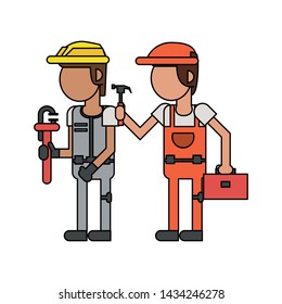 Construction workers with hammer wrench and toolbox cartoons