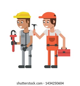Construction workers with hammer wrench and toolbox cartoons