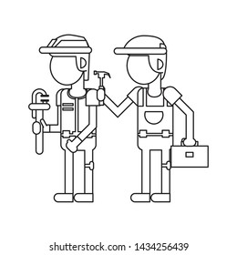 Construction workers with hammer wrench and toolbox cartoons