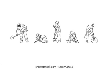 Construction workers hand drawn silhouette outline drawing set, vector illustration. Builder or manual worker concept drawing set line art. People working industrial job. Human constructing.