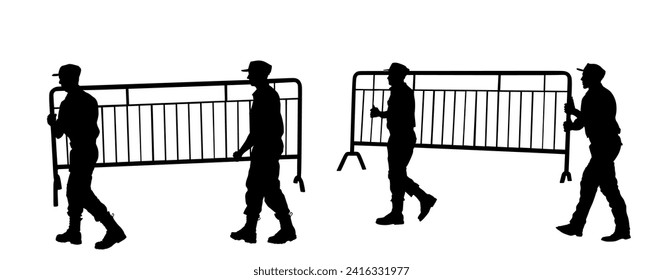 Construction workers hands carrying fence barricade building vector silhouette isolated. Soldiers team work on border. Delivery service moving transport workers carry. Handyman warehouse holding job