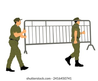 Construction workers hands carrying fence barricade building vector illustration isolated. Soldiers team work on border. Delivery service moving transport workers carry. Handyman warehouse holding job