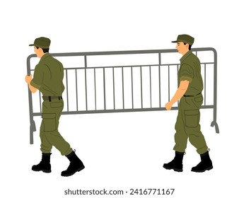 Construction workers hands carrying fence barricade building vector illustration isolated. Soldiers team work on border. Delivery service moving transport workers carry. Handyman warehouse holding job