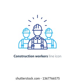 Construction workers in hard hat and jumpsuit, builders in uniform, contractor man, manual labor, vector mono line illustration