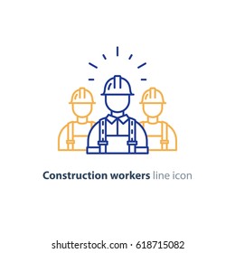 Construction workers in hard hat and jumpsuit, builders in uniform, contractor man, manual labor, vector mono line illustration