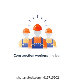 Construction workers in hard hat and jumpsuit, builders in uniform, contractor man, manual labor, vector mono line illustration