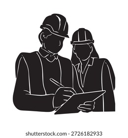 construction workers in hard hats looking at blueprint