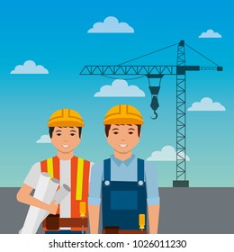 construction workers with helmet crane on sky background