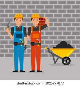 construction workers with helmet overalls spatula bricks wheelbarrow