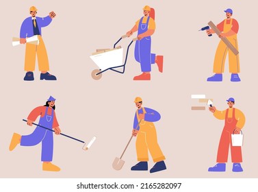 Trabajadores de la construcción en cascos con palas, carretillas, rodillos de pintura y perforación. Ilustración plana vectorial de los personajes del constructor, reparador, ingeniero, pintor y carpintero