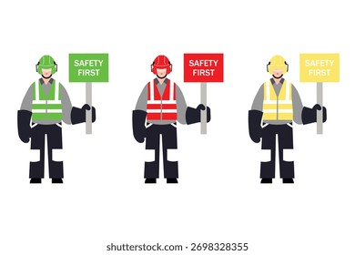 Trabajadores de la construcción en chalecos de alta visibilidad que sostienen las primeras señales de seguridad