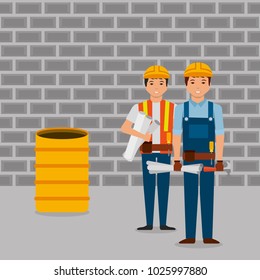 construction workers holding blueprint hammer barrel and wall brick