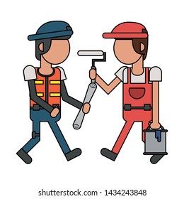 Construction workers holding paint bucket and paint brush cartoon vector illustration graphic design