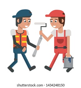 Construction workers holding paint bucket and paint brush cartoon vector illustration graphic design