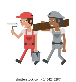 Construction workers holding paint bucket and wooden plank vector illustration graphic design