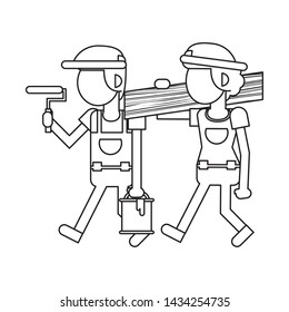 Construction workers holding paint bucket and wooden plank vector illustration graphic design