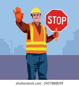 construction workers holding stop signs and directing traffic