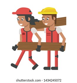 Construction workers holding wooden planks cartoon vector illustration graphic design