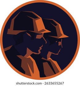 Construction workers icon with hard hats and safety glasses in circular badge. Vector illustration for an industrial team, building company logo, and safety design